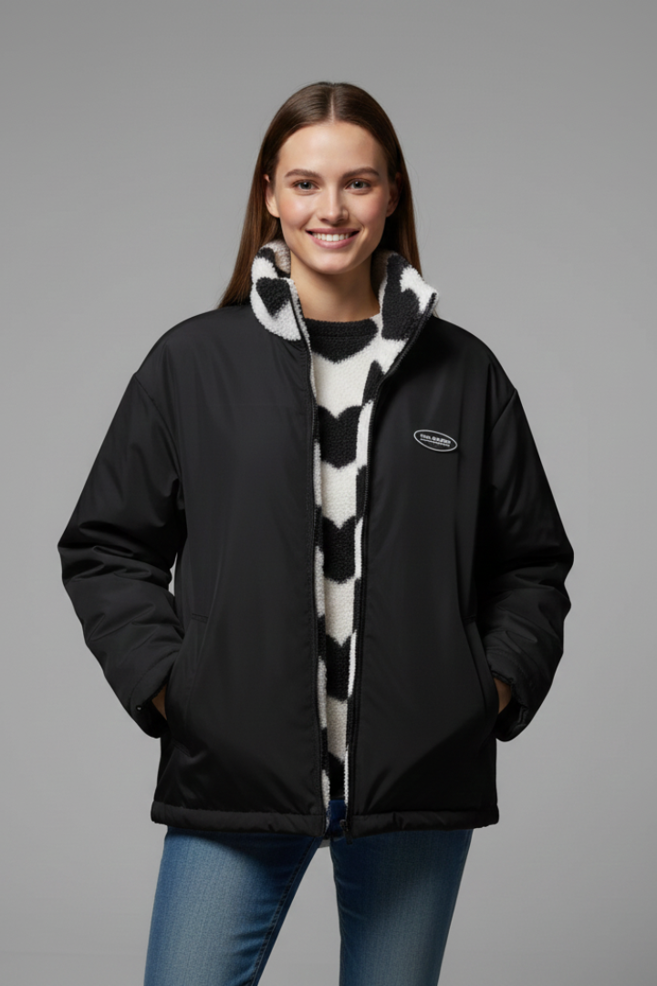 Women’s Reversible Coat with Heart Pattern and Hood
