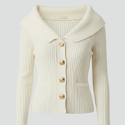 Women’s Ribbed Cardigan with Foldover Neckline and Button-Front Design