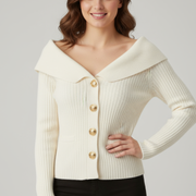 Women’s Ribbed Cardigan with Foldover Neckline and Button-Front Design