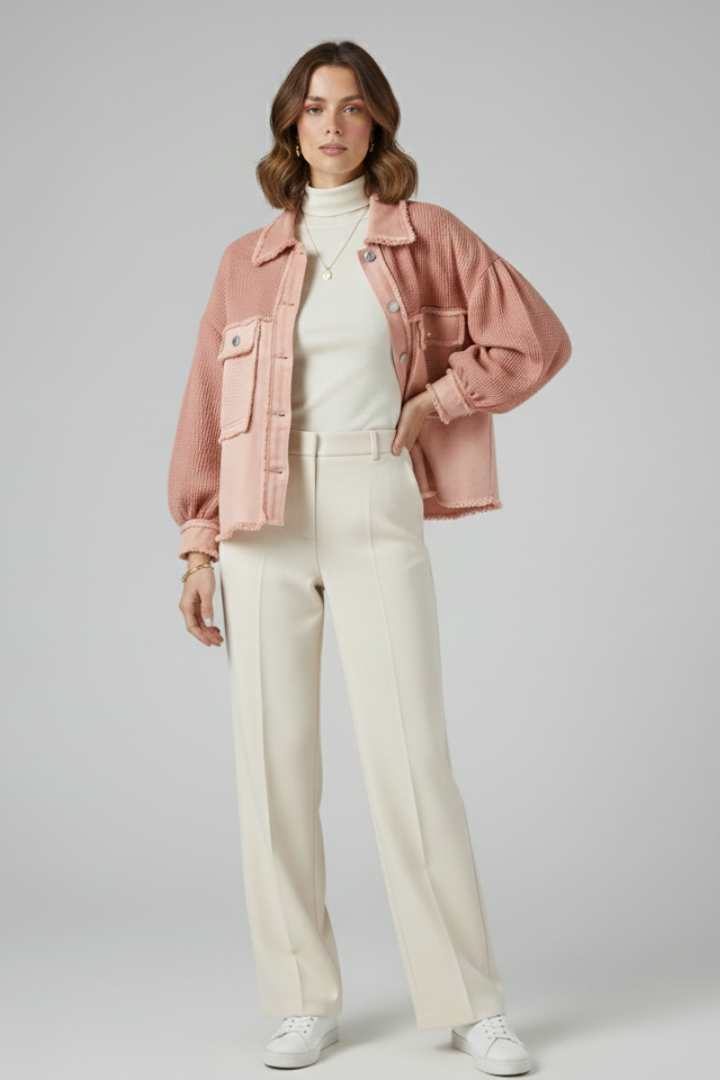 Women’s Short Jacket with Puff Sleeves and Frayed Hem