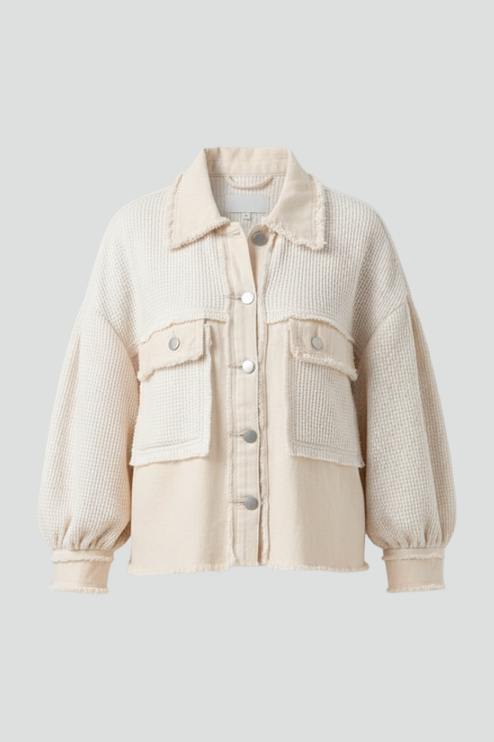 Women’s Short Jacket with Puff Sleeves and Frayed Hem