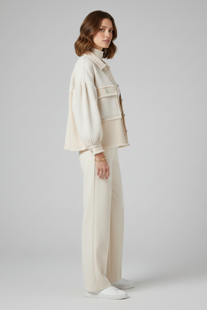 Women’s Short Jacket with Puff Sleeves and Frayed Hem