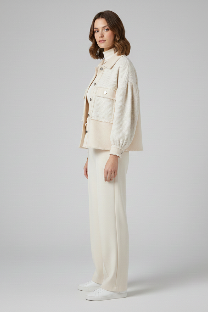 Women’s Short Jacket with Puff Sleeves and Frayed Hem