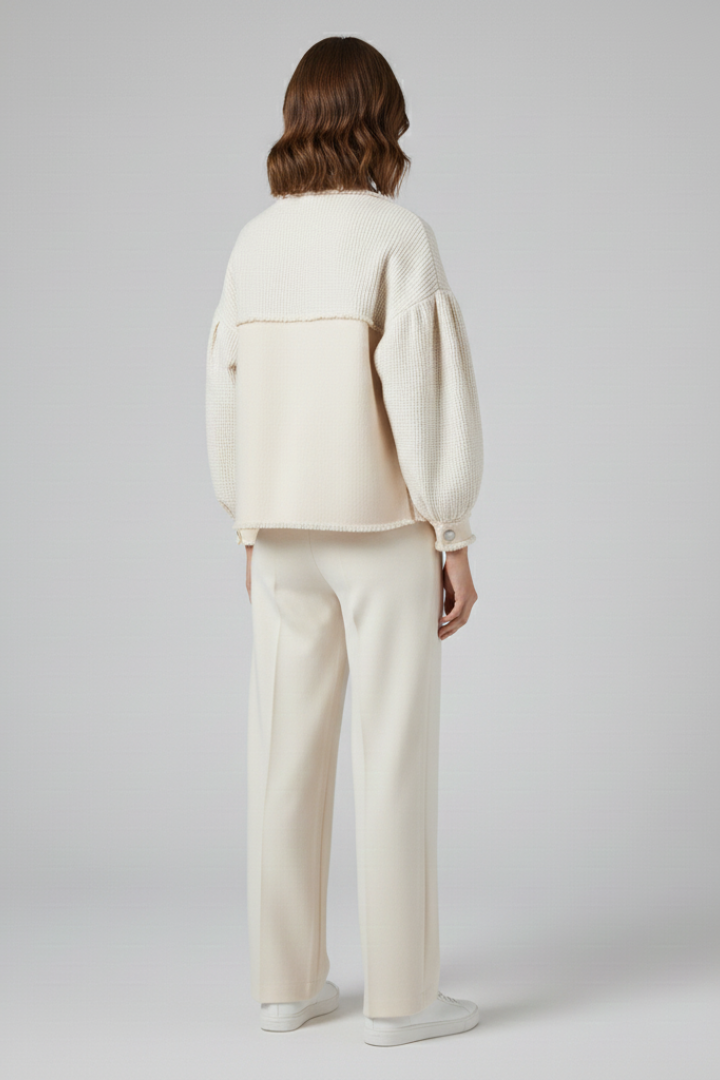 Women’s Short Jacket with Puff Sleeves and Frayed Hem