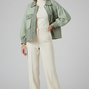 Women’s Short Jacket with Puff Sleeves and Frayed Hem