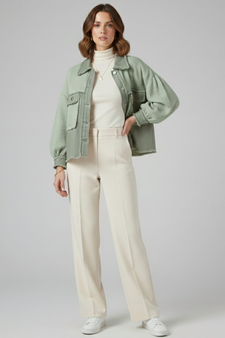 Women’s Short Jacket with Puff Sleeves and Frayed Hem