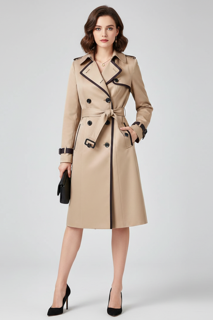 Women’s Trench Coat with Belt and Textured Surface