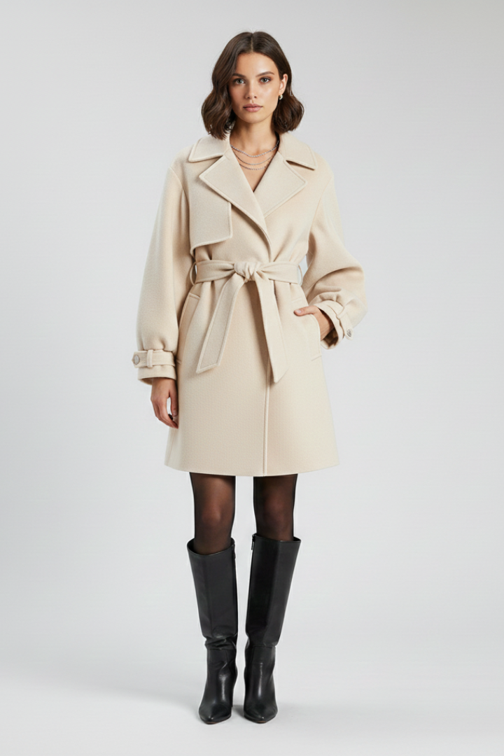 Women’s Trench Coat with Waist Belt and Textured Surface