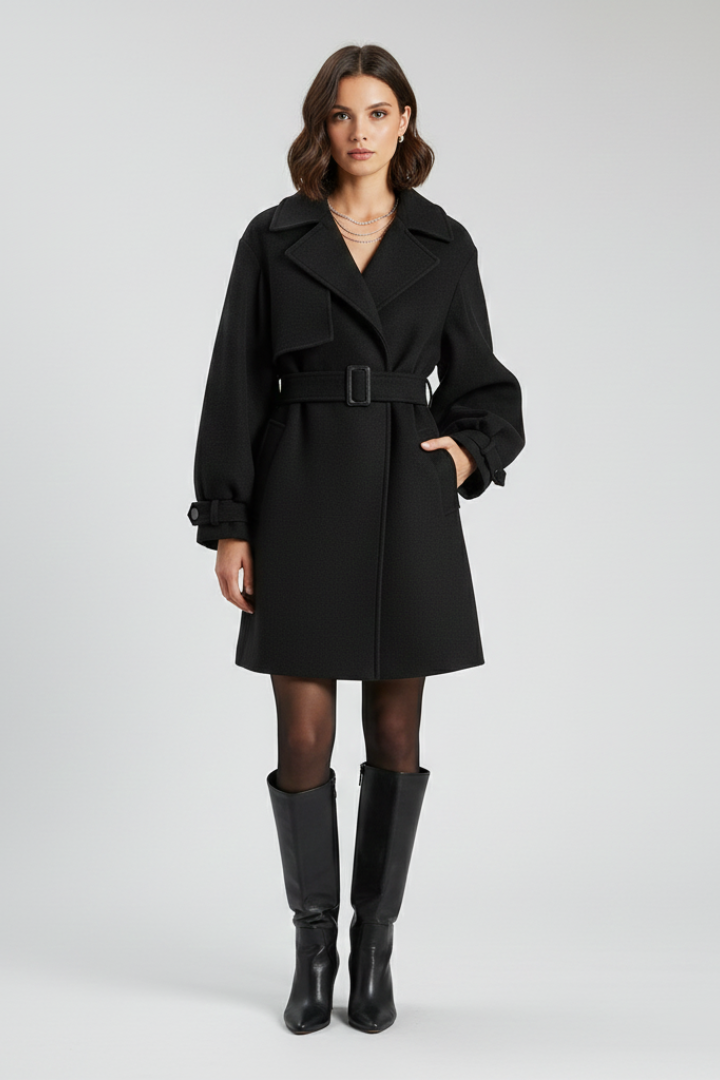 Women’s Trench Coat with Waist Belt and Textured Surface