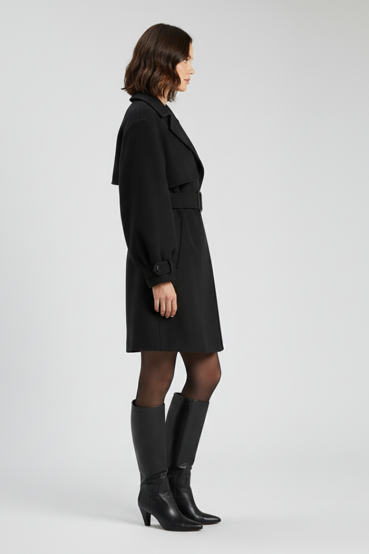 Women’s Trench Coat with Waist Belt and Textured Surface