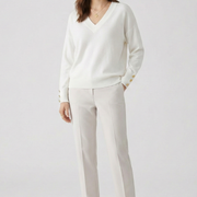 Women’s V-Neck Sweater with Dropped Shoulders and Buttoned Cuffs