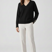 Women’s V-Neck Sweater with Dropped Shoulders and Buttoned Cuffs
