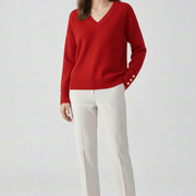 Women’s V-Neck Sweater with Dropped Shoulders and Buttoned Cuffs