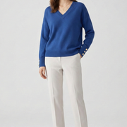Women’s V-Neck Sweater with Dropped Shoulders and Buttoned Cuffs