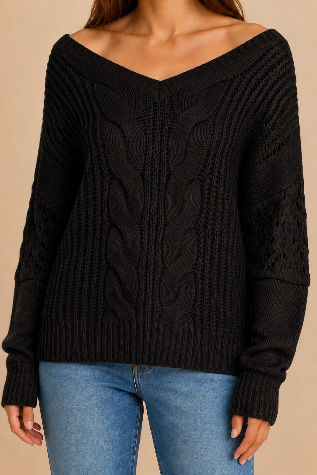 Women’s Oversized Sweater with Long Sleeves and Ribbed Cuffs
