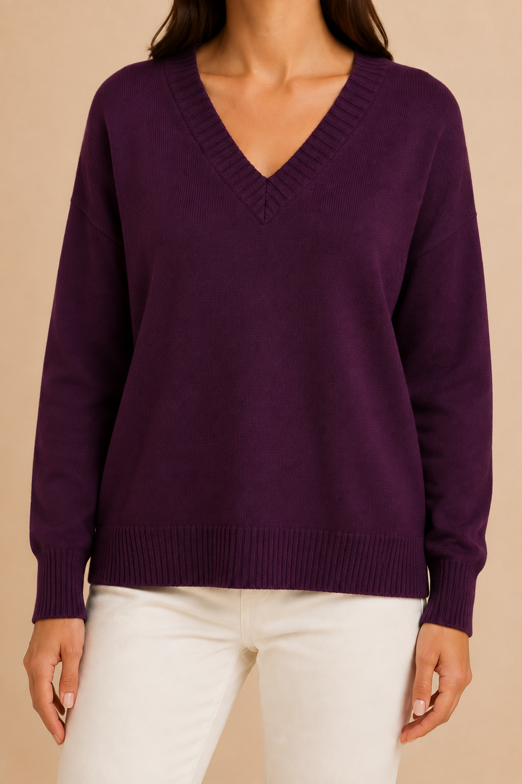 Women’s V-Neck Sweater with Long Sleeves and Pullover Design