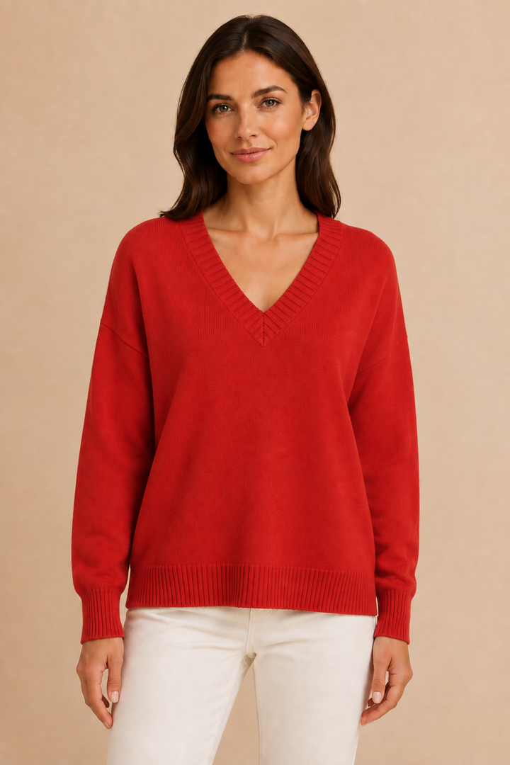 Women’s V-Neck Sweater with Long Sleeves and Pullover Design