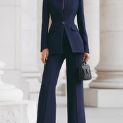 GHITA - Completo navy con blazer alto e pantaloni wide leg