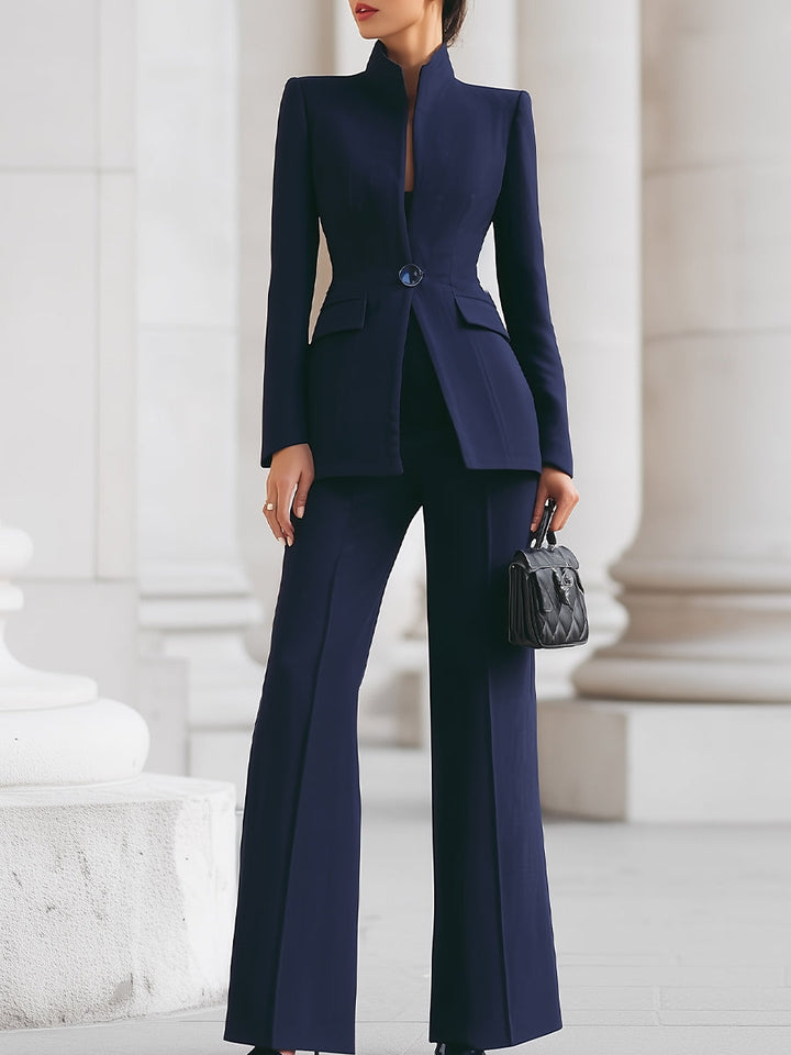 GHITA - Completo navy con blazer alto e pantaloni wide leg
