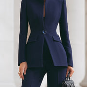 GHITA - Completo navy con blazer alto e pantaloni wide leg