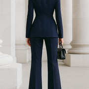 GHITA - Completo navy con blazer alto e pantaloni wide leg