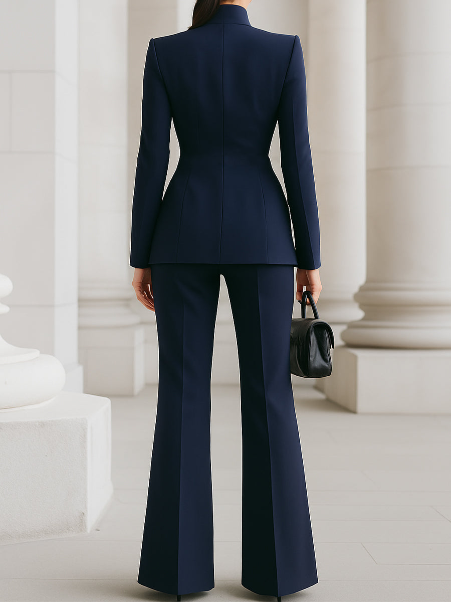 GHITA - Completo navy con blazer alto e pantaloni wide leg
