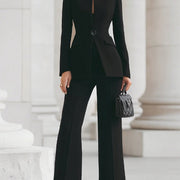 GHITA - Completo navy con blazer alto e pantaloni wide leg